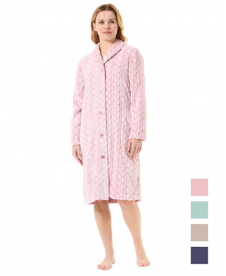 Woman in beautiful pink jacquard braided long dressing gown with side pockets