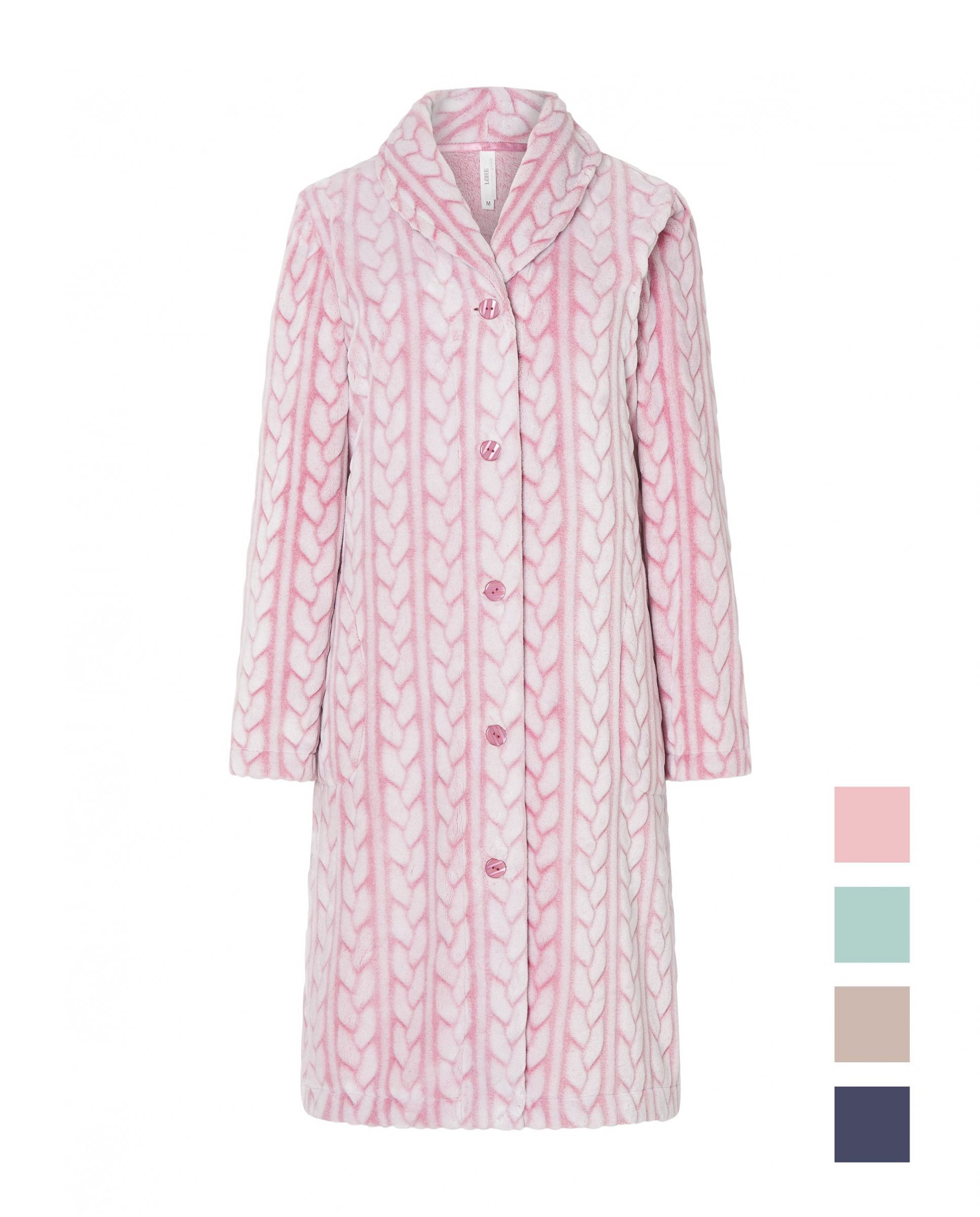 Women's winter long open buttoned coat in pink plaited jaquard fabric with side pockets.