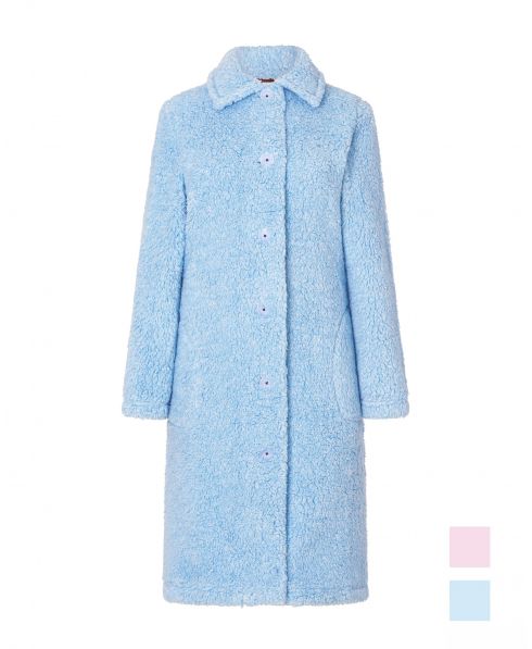 Lohe women's long coat, in plain sheepskin, open with buttons, long sleeves, with light blue side pockets.