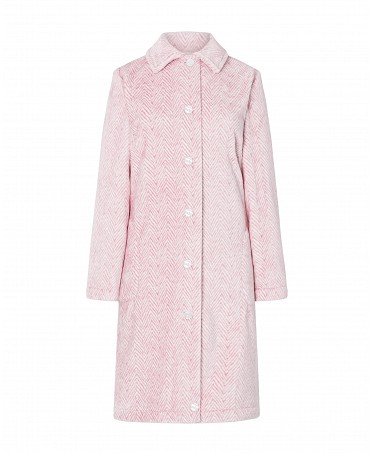 Bata larga Lohe de mujer, abierta con botones manga larga, tejido espiga rosa con bolsillos laterales.