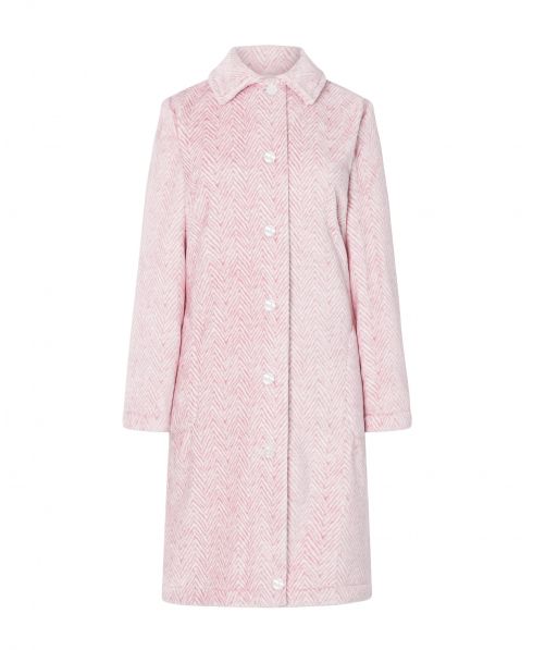 Bata larga Lohe de mujer, abierta con botones manga larga, tejido espiga rosa con bolsillos laterales.