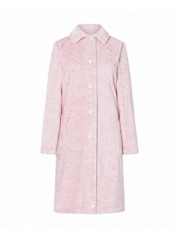 Lohe women's long dressing gown, open with buttons, long sleeves, pink herringbone fabric with side pockets.