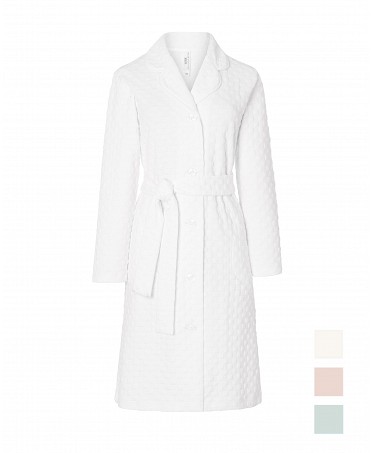 Women's long sleeved dressing gown, open with belted buttons, ivory circular knitted fabric.