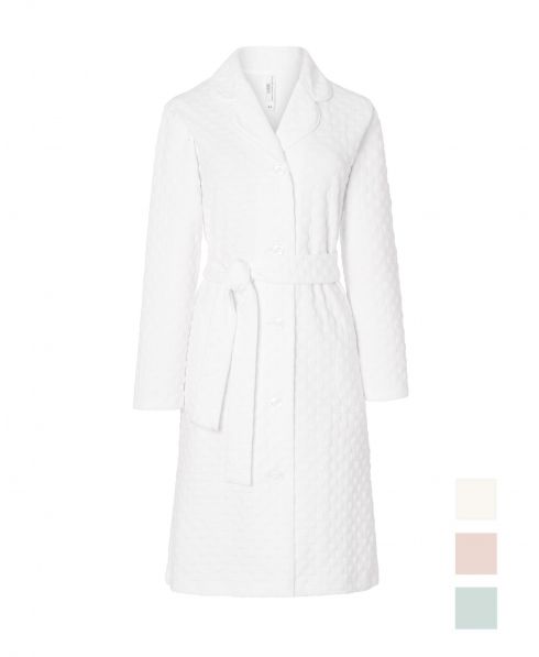 Women's long sleeved dressing gown, open with belted buttons, ivory circular knitted fabric.