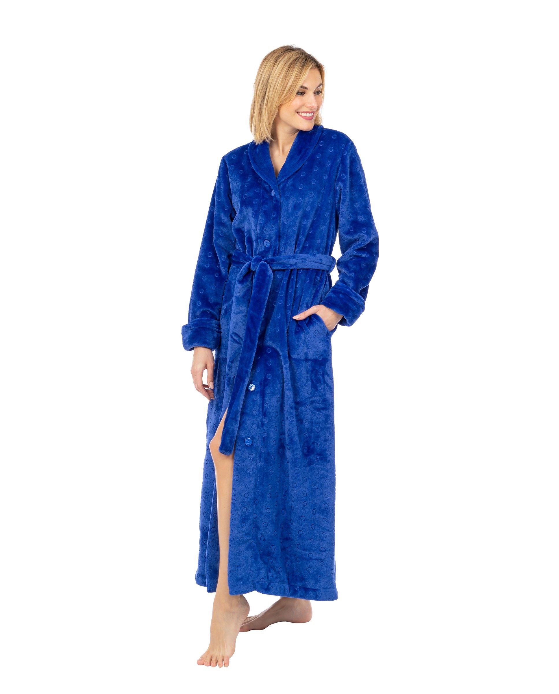 Warm women's long winter dressing gown with pockets and belt.