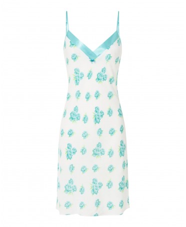 Women's short nightdress, turquoise floral print, V-neck with plain satin strap, thin straps.
