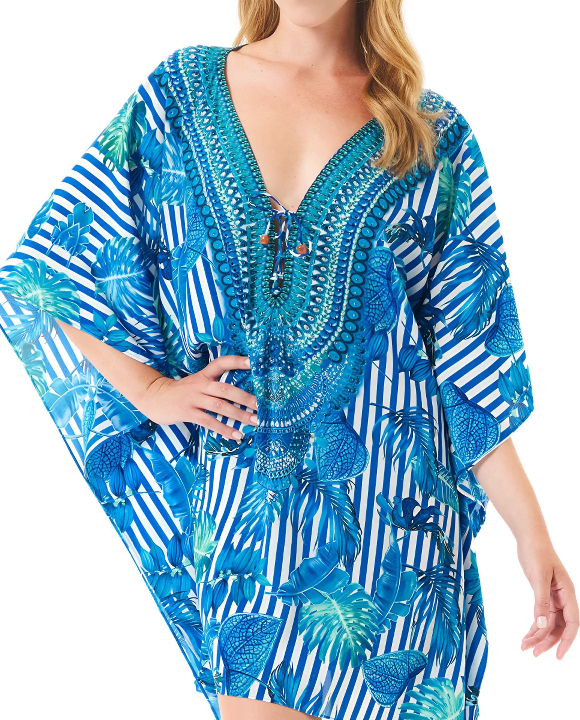 Detail view kaftan women's short summer kaftan with leaves in shades of blue