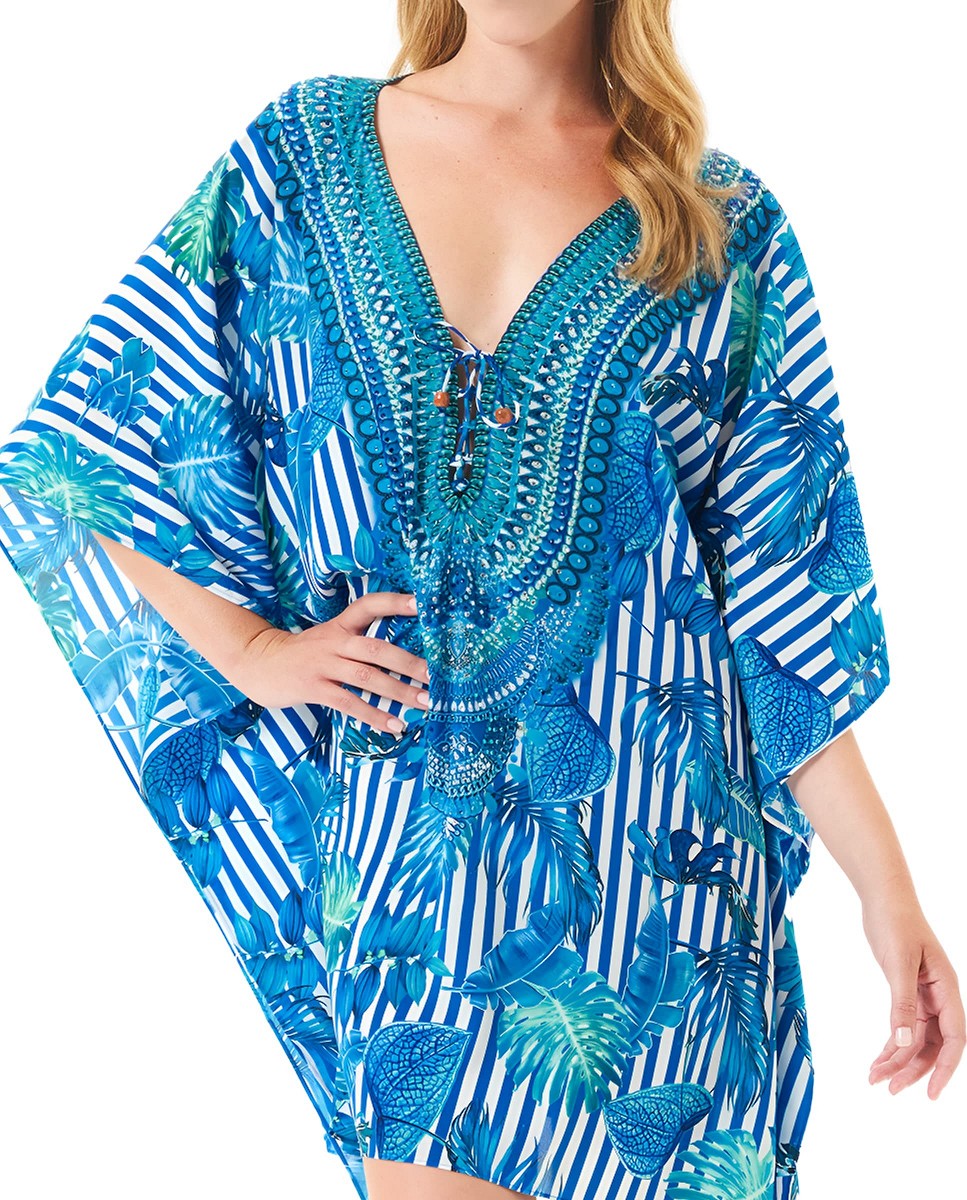 Detail view kaftan women's short summer kaftan with leaves in shades of blue