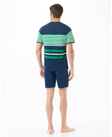 Rear view of man in short summer pyjamas navy blue with green stripes