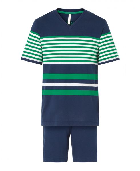 Men's pyjama shorts, striped print, striped closed jacket, V-neck, short sleeves, shorts.