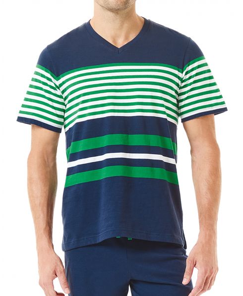 Detail view men's pyjama t-shirt for summer sleeping in navy blue and green and white stripes with V-neck collar