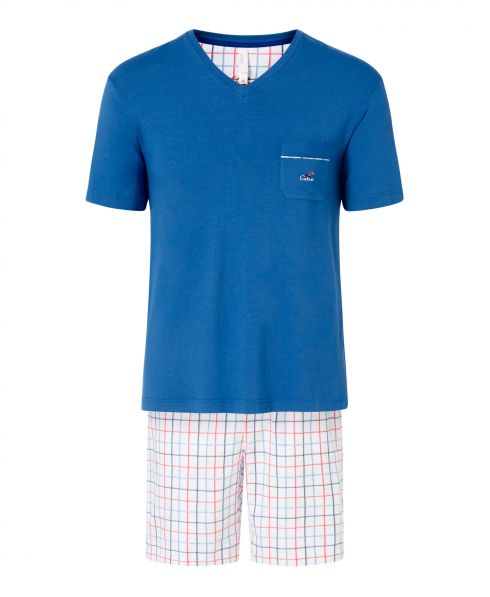 Lohe men's pyjama shorts, check print, plain jacket, V-neck, short sleeves, check shorts.