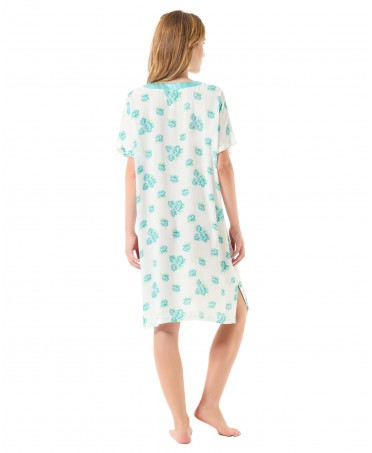 Back view of turquoise floral short sleeve summer nightgown with short sleeves