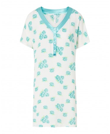 Women's short nightdress, turquoise floral print, V-neck with satin strip, short sleeves.