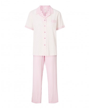 Pijama largo de mujer de verano estampado plumeti con rayas rosas, chaqueta manga corta abierta con botones y adorno bolsillo