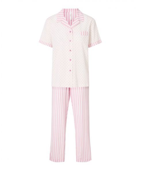 Pijama largo de mujer de verano estampado plumeti con rayas rosas, chaqueta manga corta abierta con botones y adorno bolsillo