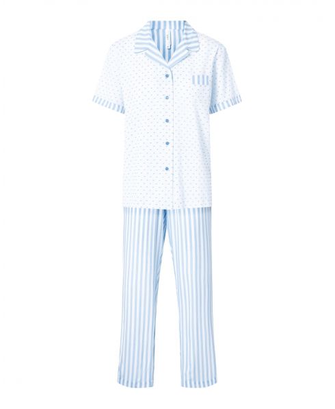 Women's summer pyjamas with plumeti print with blue stripes, short sleeve open jacket with buttons and pocket decoration.