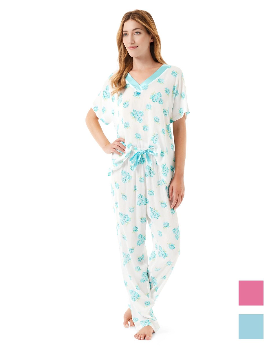 Women's summer pyjamas with turquoise blue flowers and matching V-neck and satin