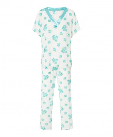 Women's long pyjamas, floral print, V-neck jacket with plain satin strip, short sleeves and long floral trousers.