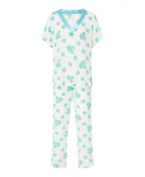 Pijama largo de mujer, estampado flores, chaqueta cuello pico con tira de raso liso, manga corta y pantalón largo flores