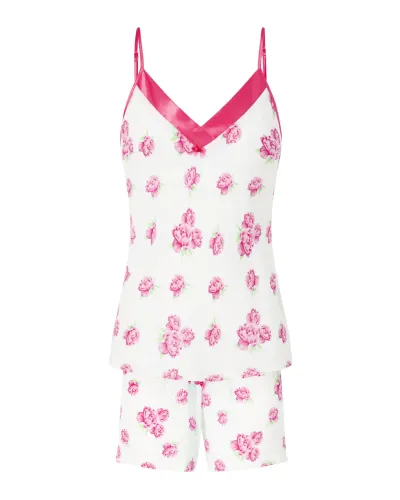 Women's short pyjamas with spaghetti straps and V-neck in fuchsia satin with floral print