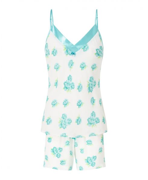 Women's short pyjamas, turquoise floral print, V-neck jacket with satin strip, thin straps and floral shorts.