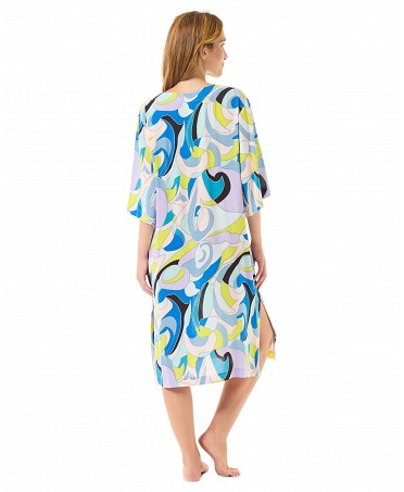 Rear view of geometric print swimsuit with French sleeves