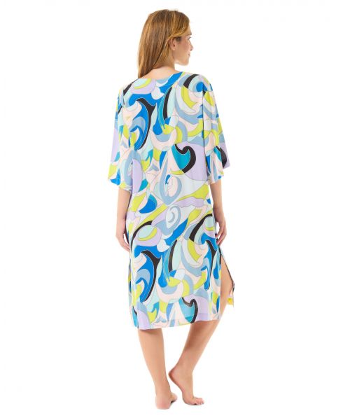 Rear view of geometric print swimsuit with French sleeves