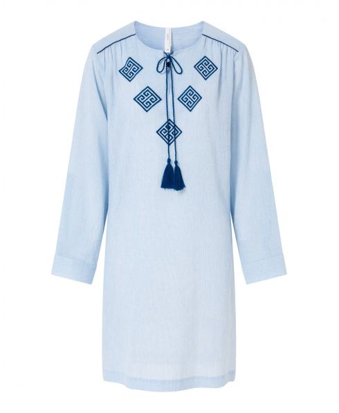 Short women's dress, with embroidery, long sleeves, round neck with opening.