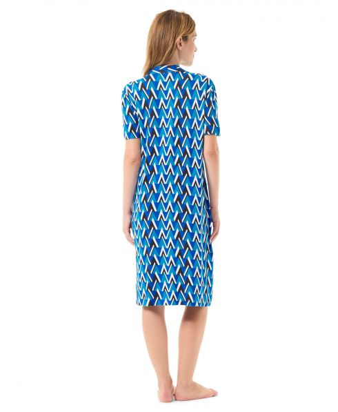 Rear view of summer dress in blue and geometric designs