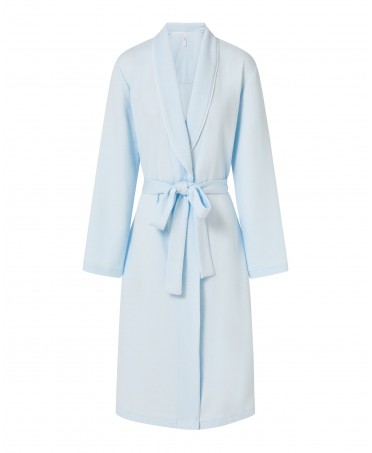 Women's short knitted dressing gown, long sleeves with pockets, double-breasted with piping and belt.