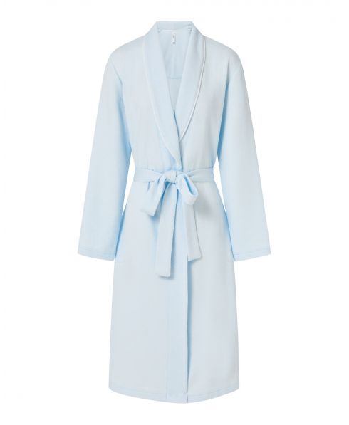 Women's short knitted dressing gown, long sleeves with pockets, double-breasted with piping and belt.