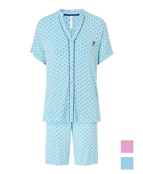 Pijama corto de mujer, estampado corazones turquesa, chaqueta abierta con botones manga corta, bolsillo adorno y pantalón corto.