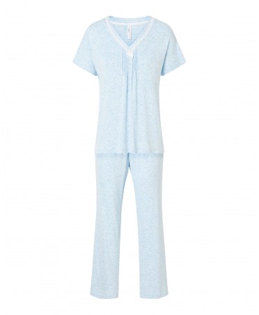 Women's light blue pyjamas, knitted fabric, V-neck jacket with lace, short sleeves and long pants.