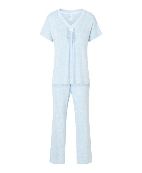 Women's light blue pyjamas, knitted fabric, V-neck jacket with lace, short sleeves and long pants.