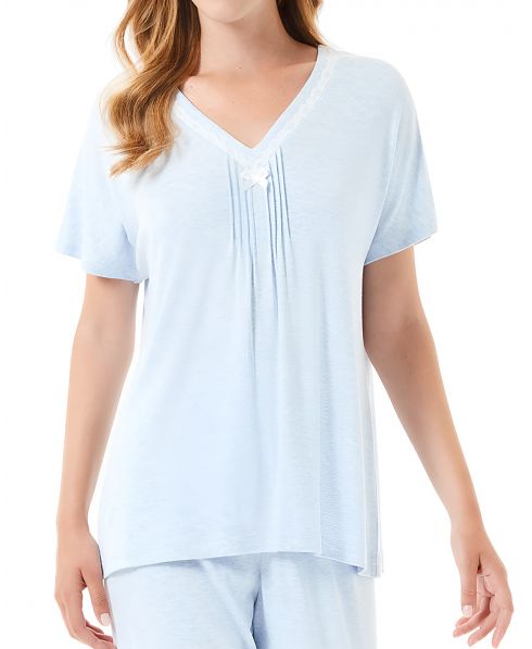 Detail view of light blue short sleeve summer pajamas with v-neck and lace trim