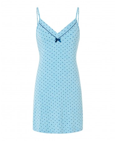 Short nightdress with thin straps, turquoise hearts print, V-neck with piping and bow.