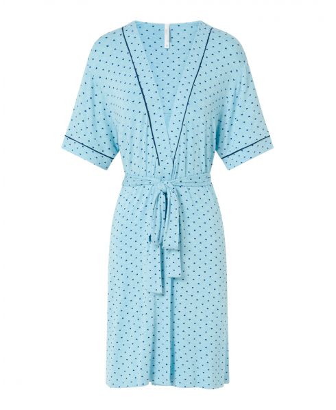 Women's turquoise short dressing gown, heart print, short sleeves, double breasted with pockets.