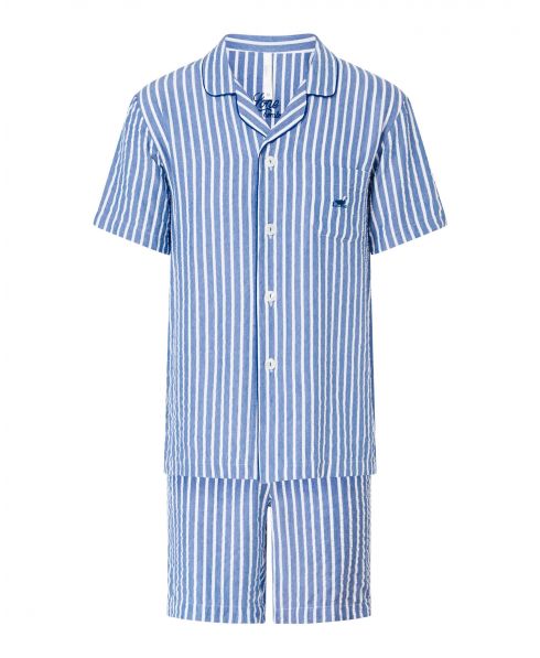 Pijama corto de hombre, estampado en rayas, chaqueta abierta con botones, pantalón corto.