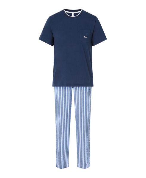Pijama largo de hombre, estampado en rayas, chaqueta cerrada lisa, cuello redondo manga corta y pantalón rayas largo.