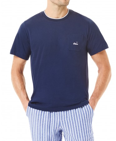 Detail view of men's navy blue short sleeve pyjama top for summer with Lohe logo