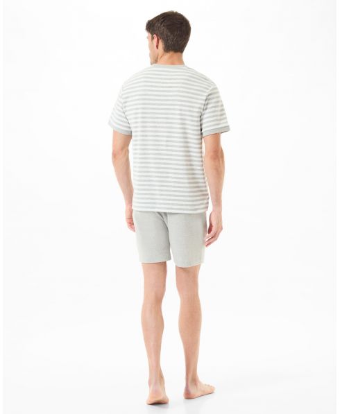 Back model with grey striped summer pyjama shorts