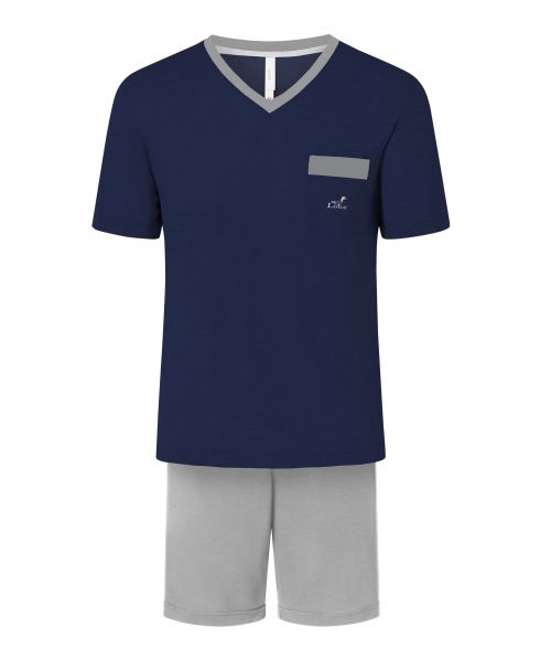 Men's pyjama shorts, plain fabric, grey short sleeve V-neck jacket, navy shorts.