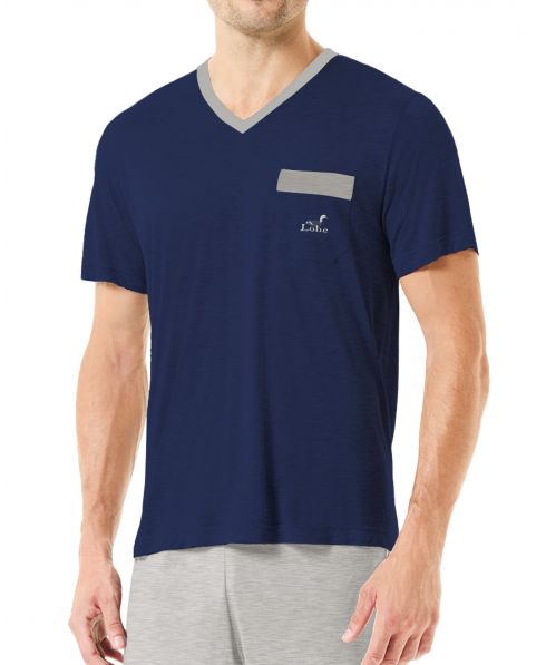 Detail view of men's navy summer pyjama t-shirt with V-neck and contrast pocket in grey