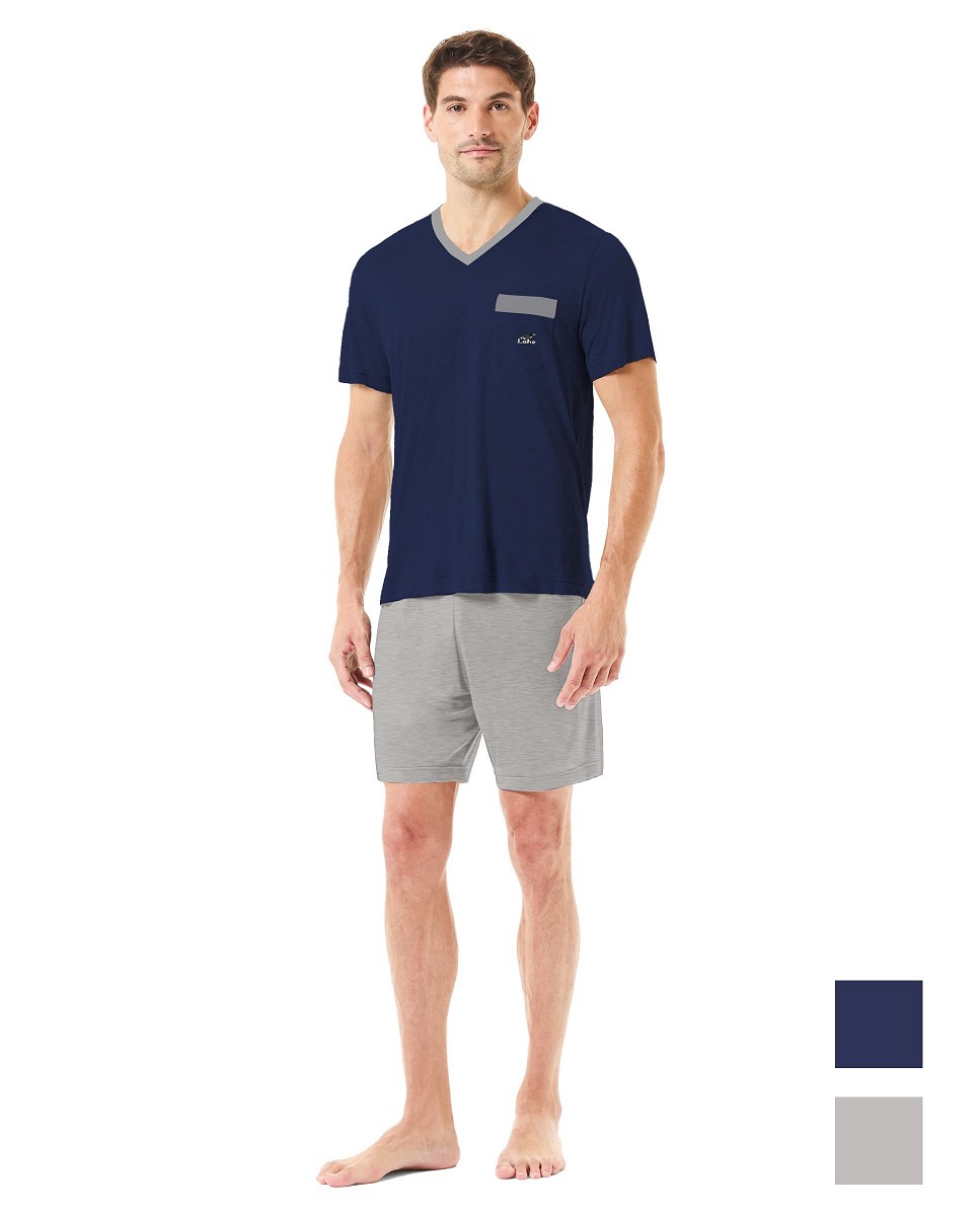 Men's summer pyjama shorts with navy v-neck T-shirt and grey shorts