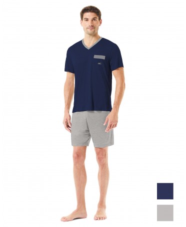 Men's summer pyjama shorts with navy v-neck T-shirt and grey shorts