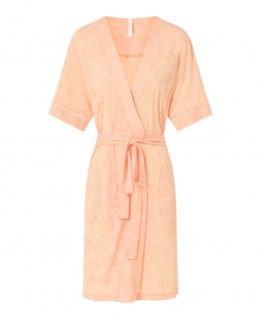 Women's short dressing gown, devoured fabric, short sleeves, double breasted with pockets.