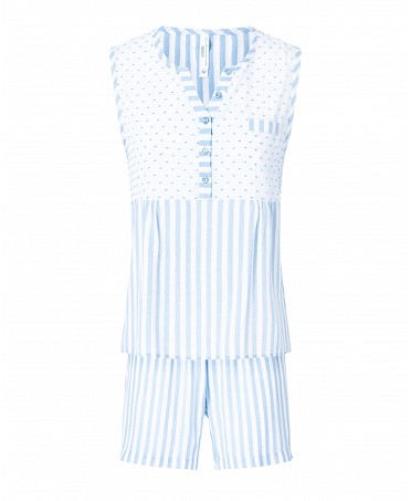 Pijama corto de mujer, estampado plumeti y rayas, chaqueta cuello con botones, sin mangas, bolsillo adorno y pantalón corto.