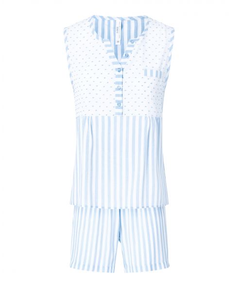 Pijama corto de mujer, estampado plumeti y rayas, chaqueta cuello con botones, sin mangas, bolsillo adorno y pantalón corto.