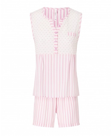 Pijama corto de mujer fucsia plumeti y rayas sin mangas chaqueta cuello con botones y pantalón corto.